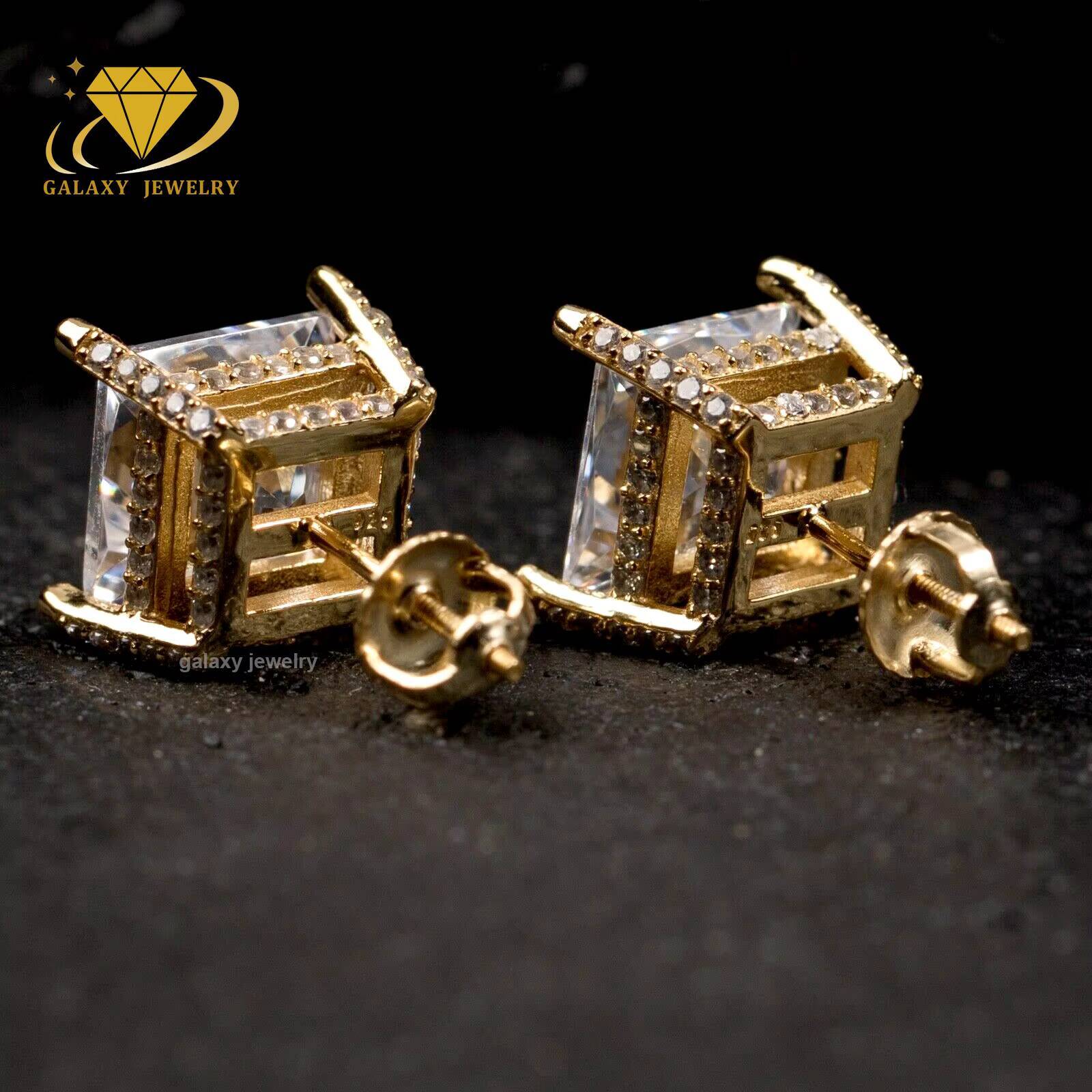 Full Iced Out Mens Large Square Studs Princess Cut Vvs Moissanite Diamond Gold Plated 925 Sterling Silver Hip Hop Earrings