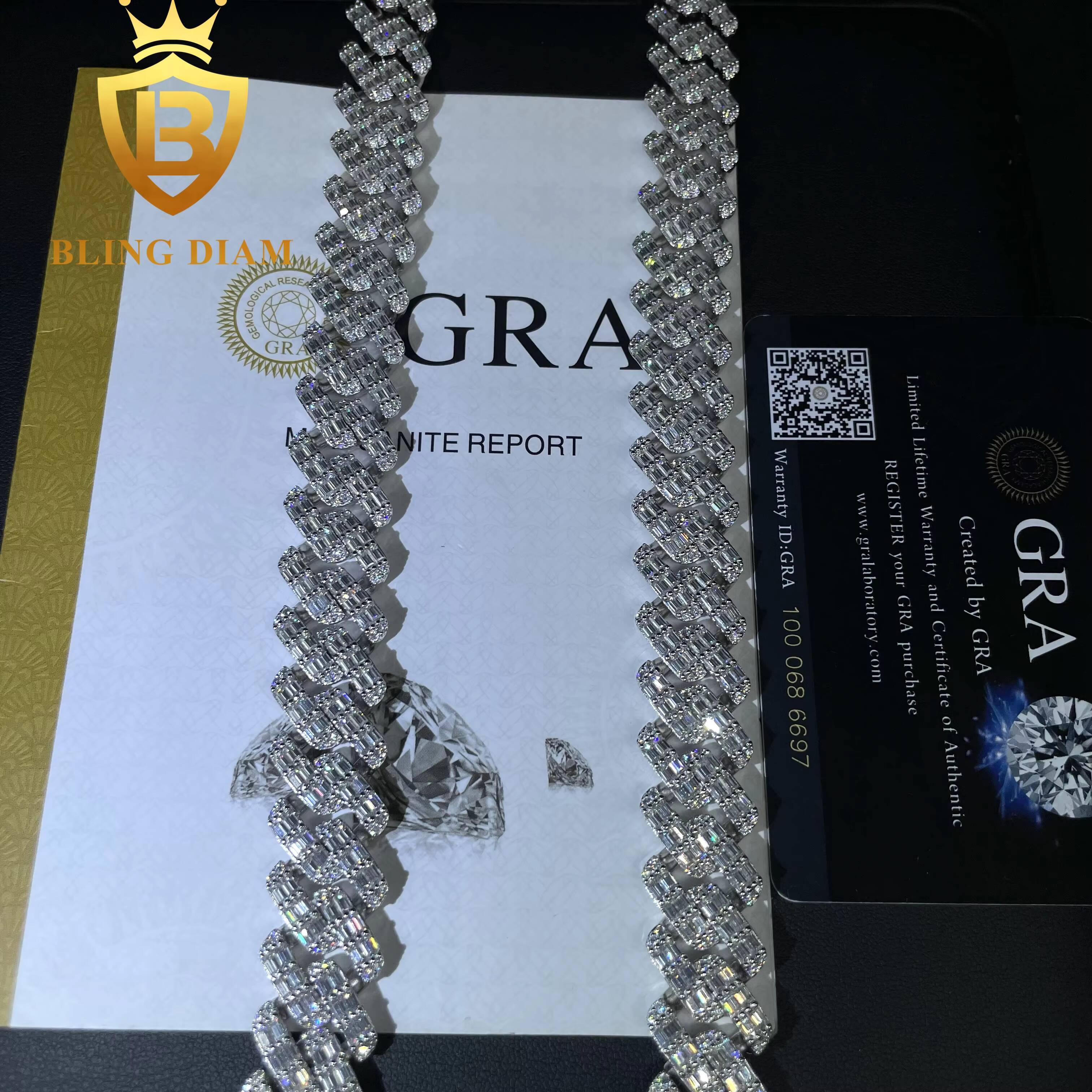 Pass Diamond Tester 15mm 2 Rows Solid 925 Sterling Silver Men Hip Hop Jewelry Iced Out VVS Moissanite Cuban Link Chain Necklace