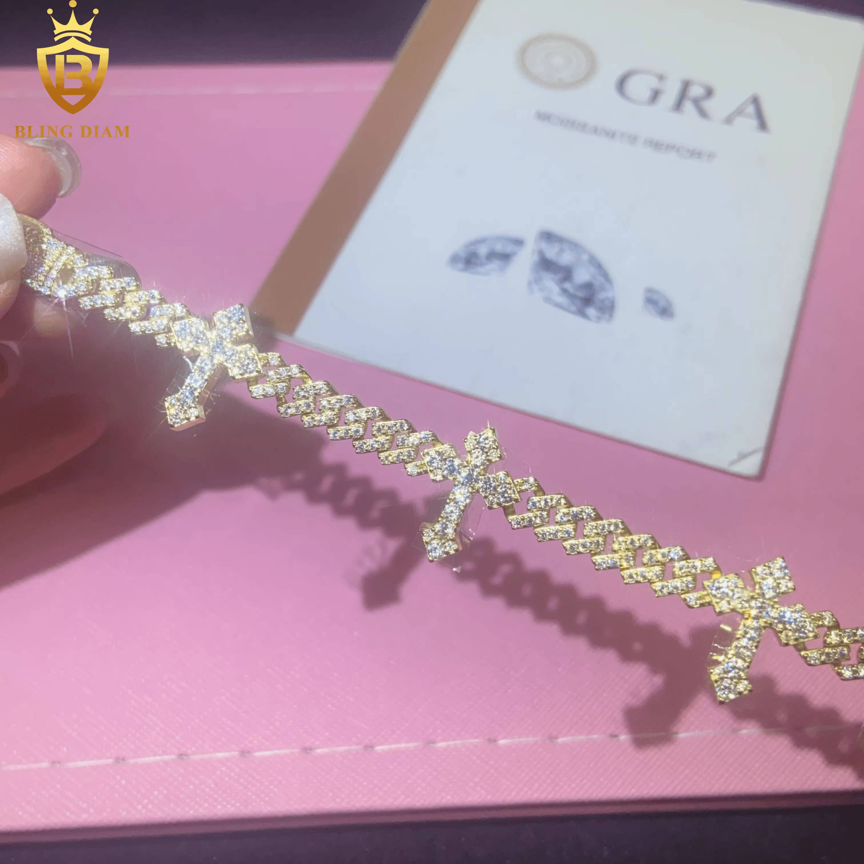 New Design Fashion Cross Bracelet 925 Sterling Silver Chain Moissanite Cuban Bracelet Men Women HipHop Style Pass Diamond Tester