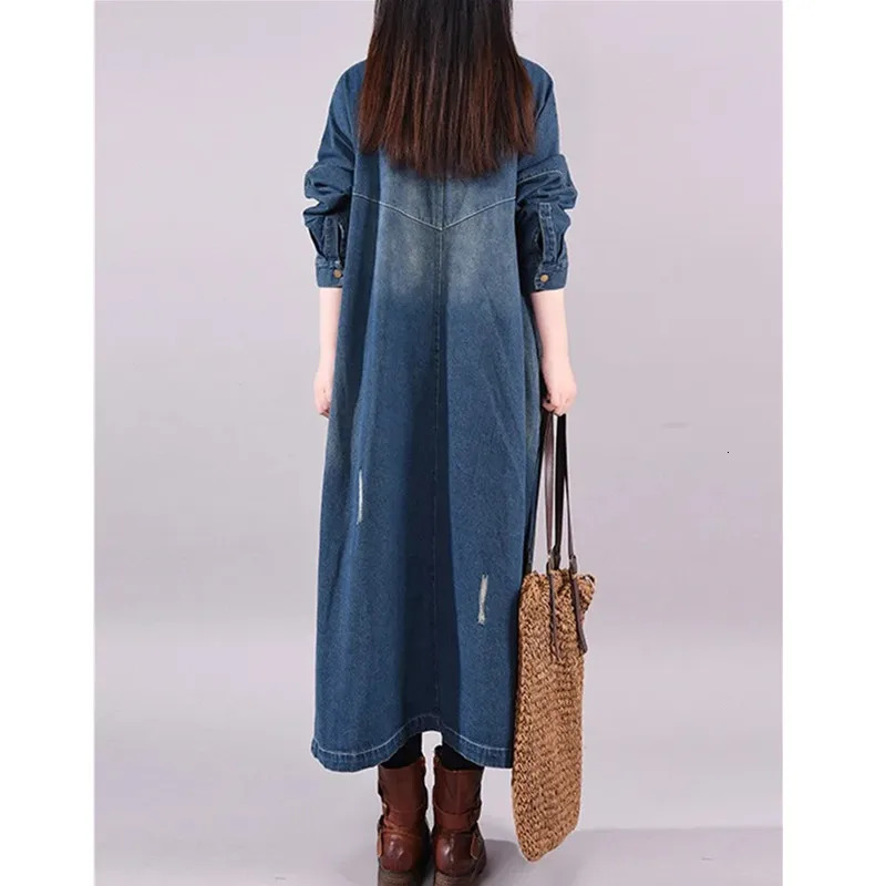 2025 Spring Autumn Womens Retro Long Denim Shirt Coat Streetwear Female Loose Casual Cardigan Windbreaker Overcoat 250805
