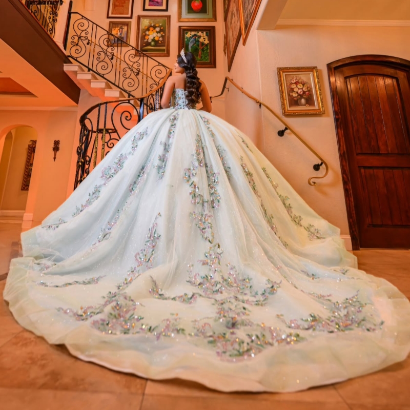 Water Blue Shiny Princess Sweet 16 Dress Dress Quinceanera Dresses Sequin Applique Beads Tull Party Birthday Vestido De 15 Anos Ball Gowns