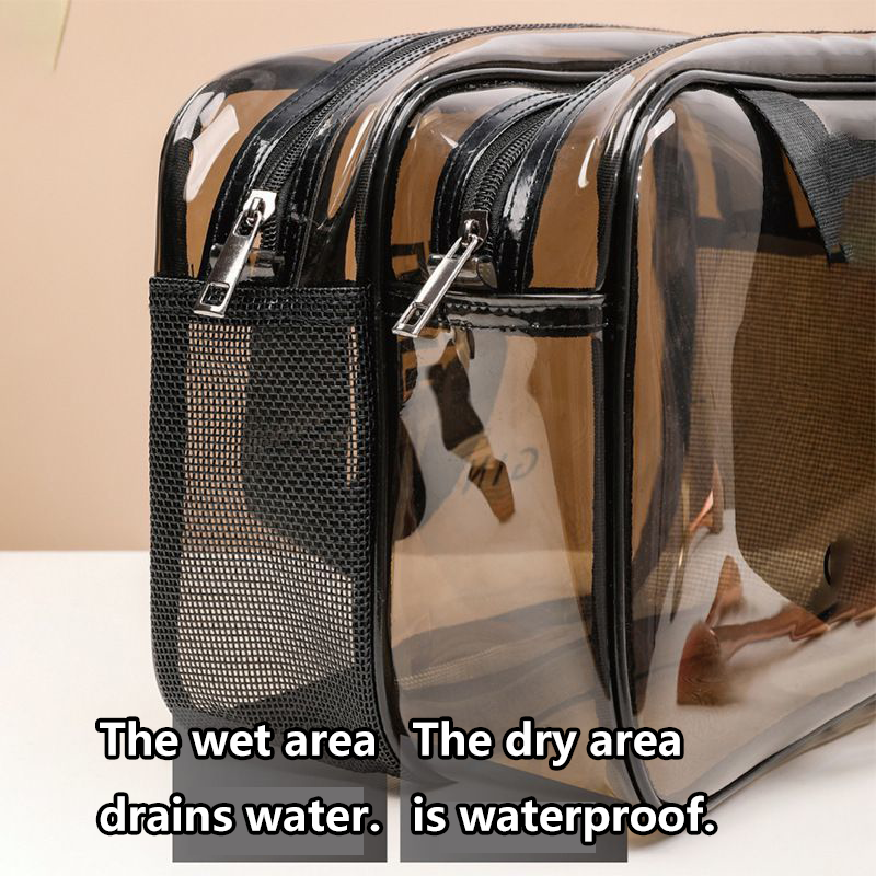 Fashionable and lightweight PVC double-layer makeup bag large-capacity dry-wet separation makeup storage bag cosmetics toiletry bag double-layer bathi