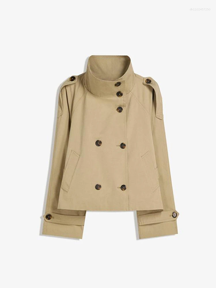 Women's Jackets Chic Stand Collar Double-breasted Belted Waist Cropped Trench Coat Shoulder Epaulets 2025 Autumn Casual Street Outerwear