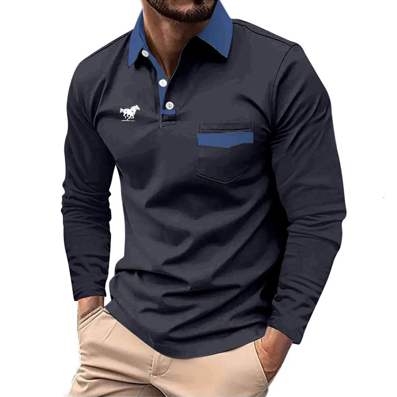 Men Spring Autumn Long Sleeve Pure Color Business Casual Polo Shirt Sport Slim Fit Pocket Stitching Tops 250814
