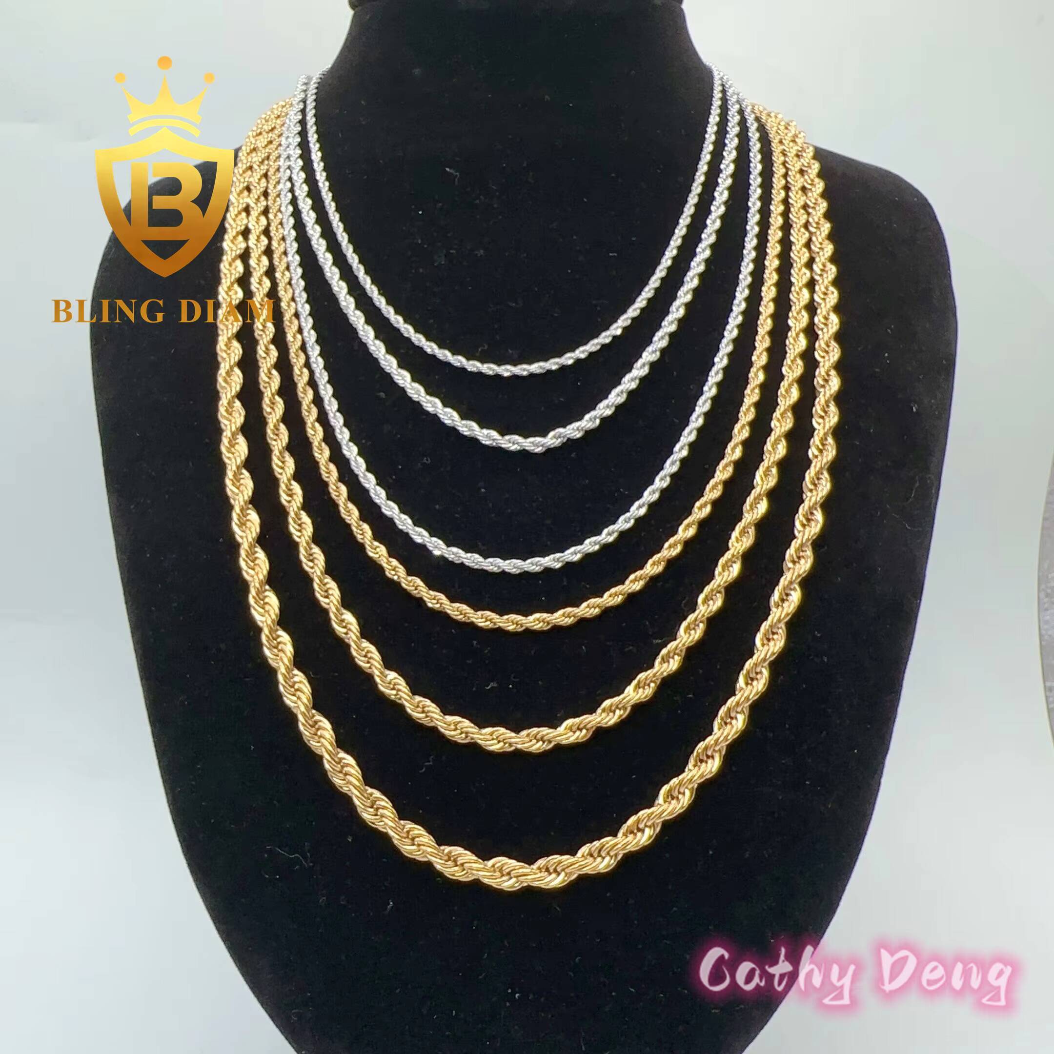 Factory Price 18k Gold Plated 2mm-5mm Rope Chain Necklace Stainless Steel Twisted Rope Chain for Men and Women Rope Gold Chain