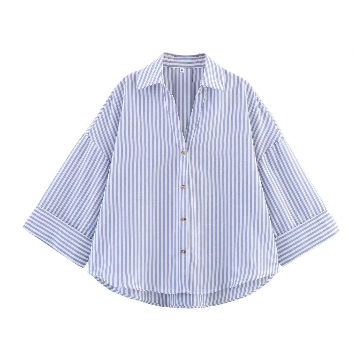 Versatile Fashion Casual Womens Striped Wide Sleeve Cotton Linen Turn-Down Collar Spring Summer Shirt 210507
