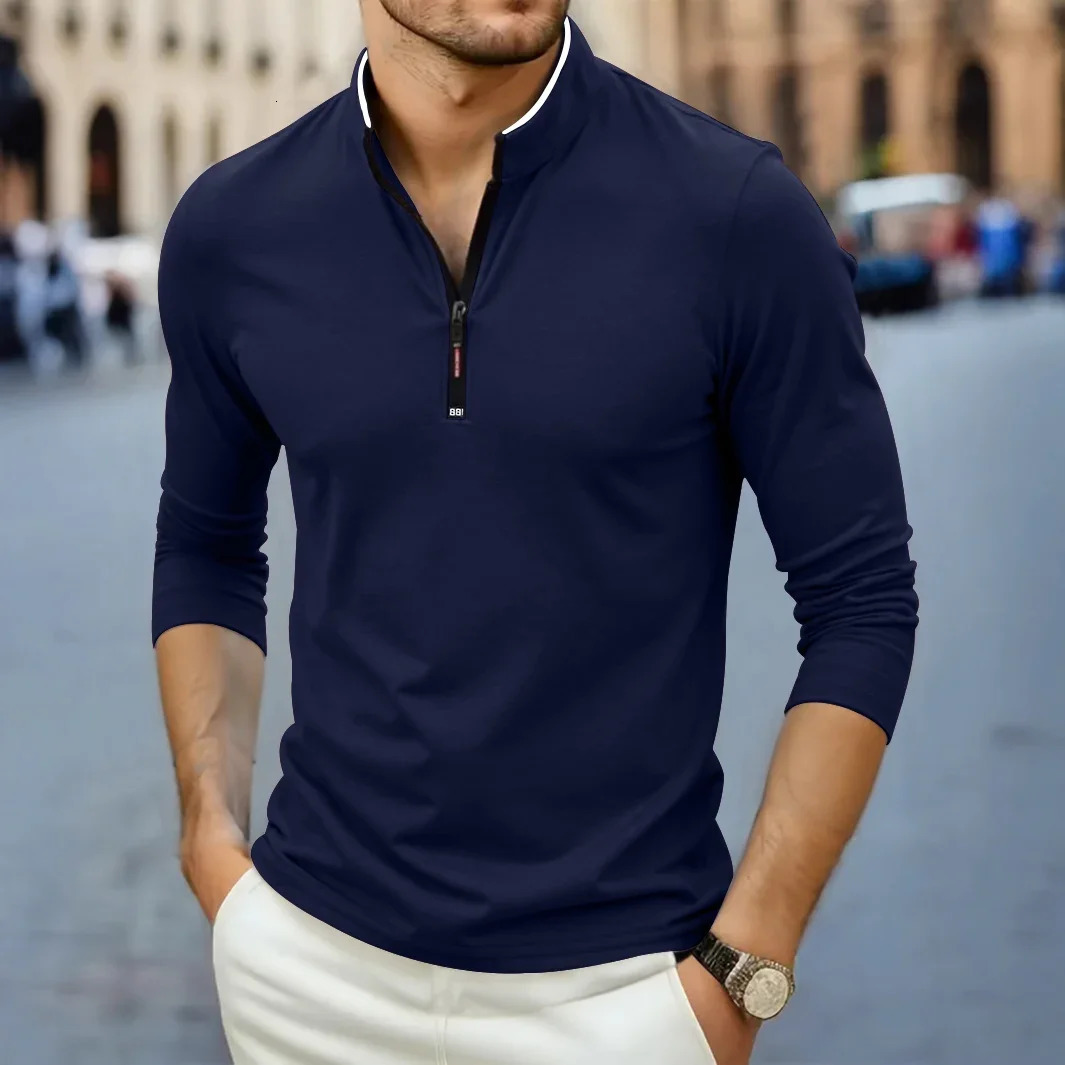 Mens Casual Fashion Solid Color Long Sleeved Polo Shirt Stand Up Collar Versatile Comfortable Top 250814