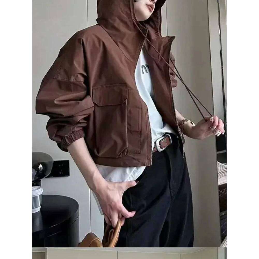 Korean Fashion Haruku Cropped Jacket Women Windbreaker Hooded Zip-up Coat Autumn Clothes Y2k Vintage Streetwear Outwear