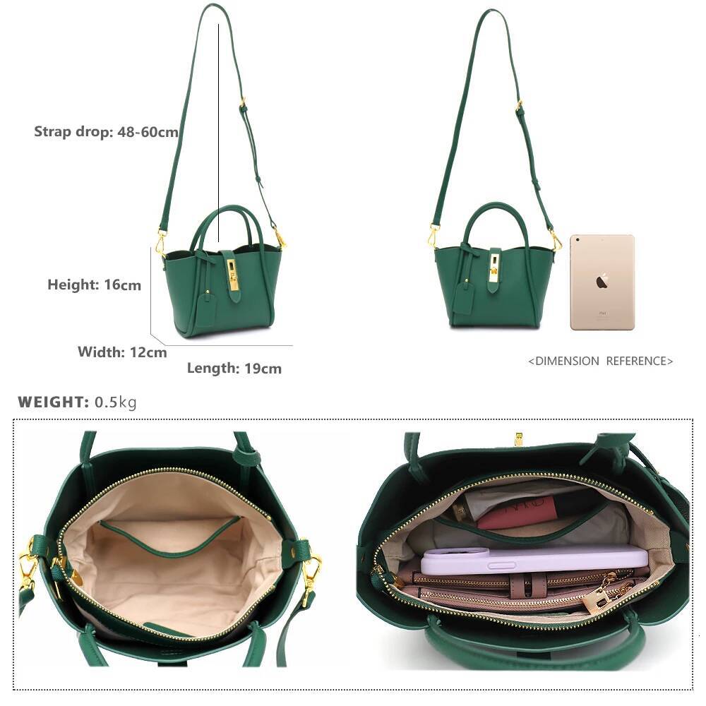 SC Fashion Women Genuine Leather Top-Handle Bags Twist Lock Bucket Tote Handbags Ladies Cross Body Shoulder Purses Chic
