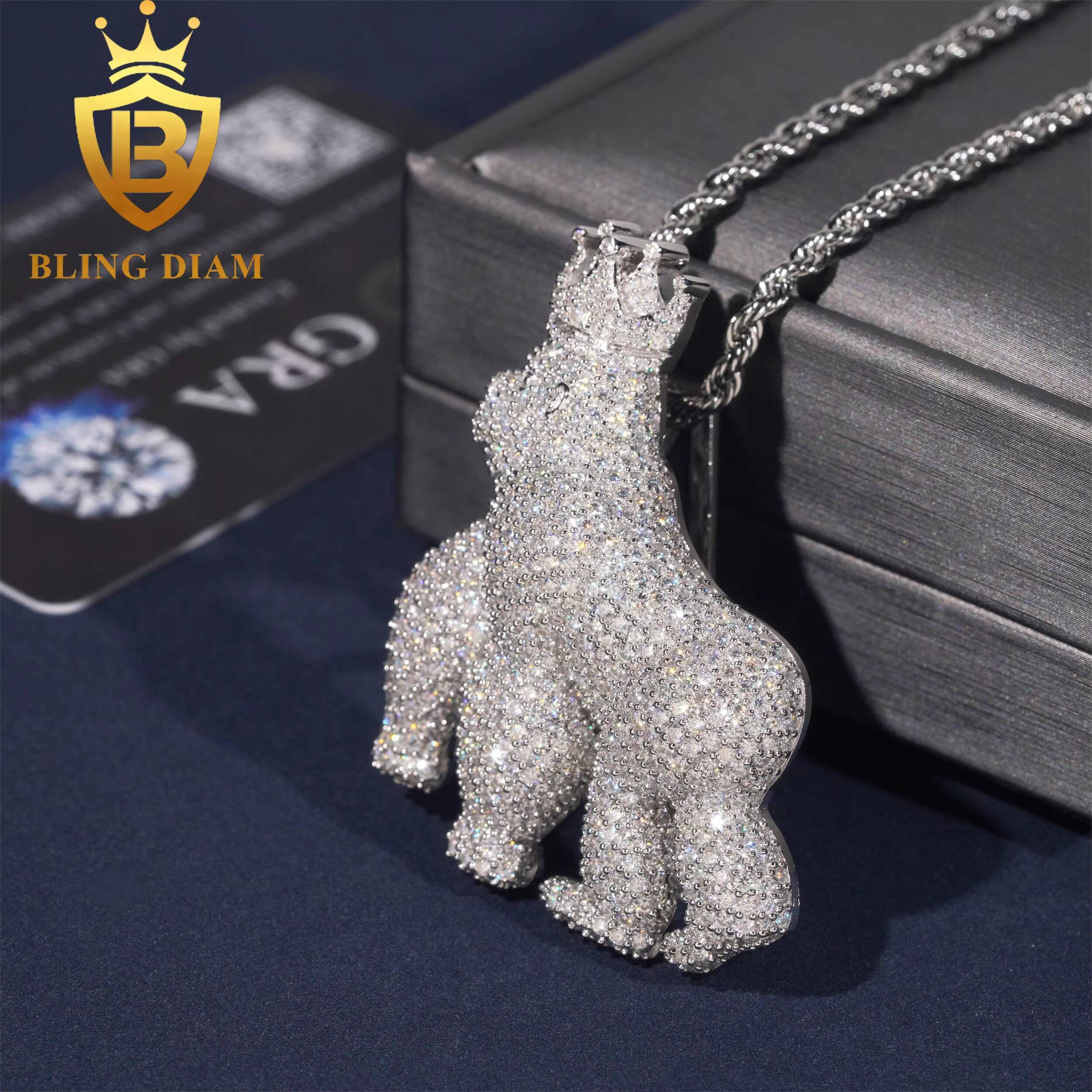 Hip Hop 925 Sterling Silver Vvs Moissanite Animal Gorilla Crown Charms Diamond Iced Out 3D Pendant Necklace