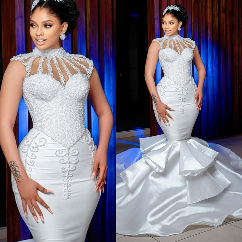 2025 Aso Ebi Off White African Wedding Dress Bridal Gowns For Bride High Neck Beaded Pearls Tiered Tulle Beaded Lace Rhinestones Wedding Gowns For Bla