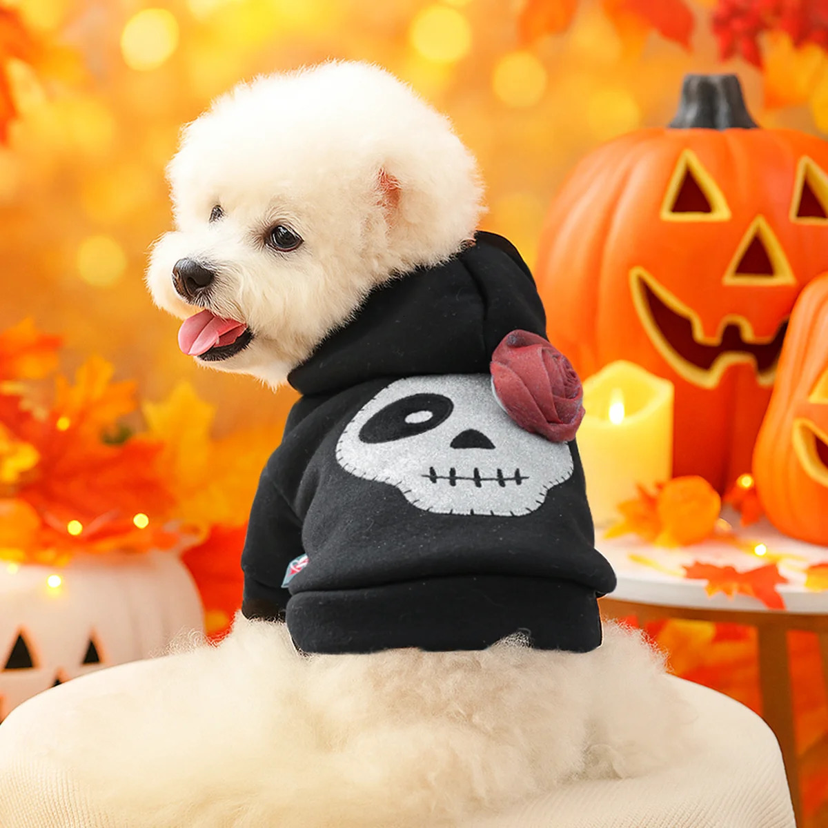 1PC Silver Skull Halloween Sweater Dog Black Hooded Sparkle Dark Series Little Demon Pet Funny Open Button Jacket 250814