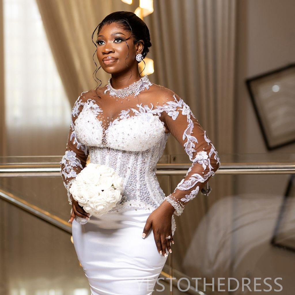 2025 Off White African Wedding Dress Bridal Gowns For Bride High Neck Long Sleeves Appliqued Lace Beaded Pearls Illusion Wedding Gowns For Black Women