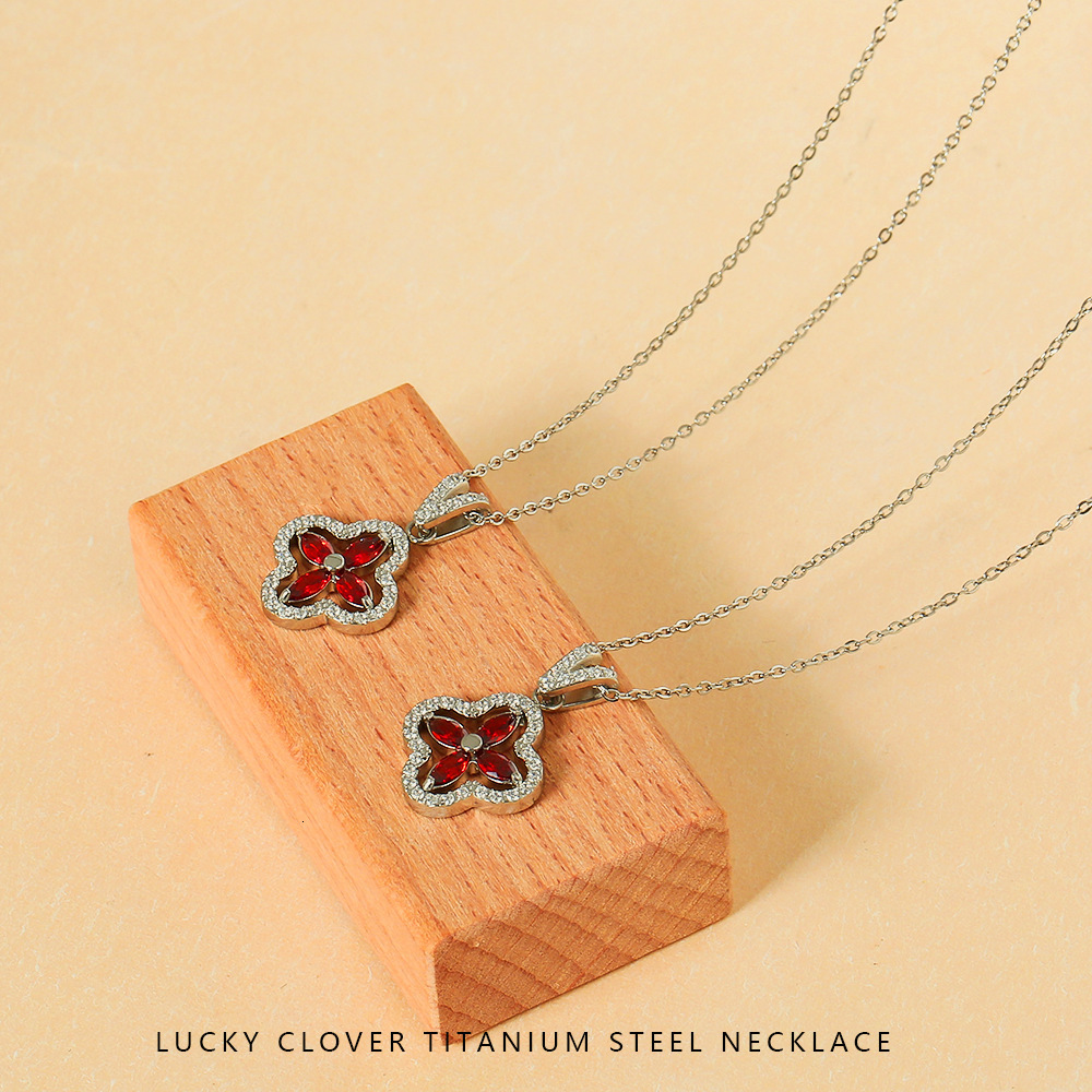 Colorful Four-Leaf Clover Inlaid Zircon Necklace Stainless Steel Simple High-End Feel Women's Non-Fading Accessory Jewelry for Women
