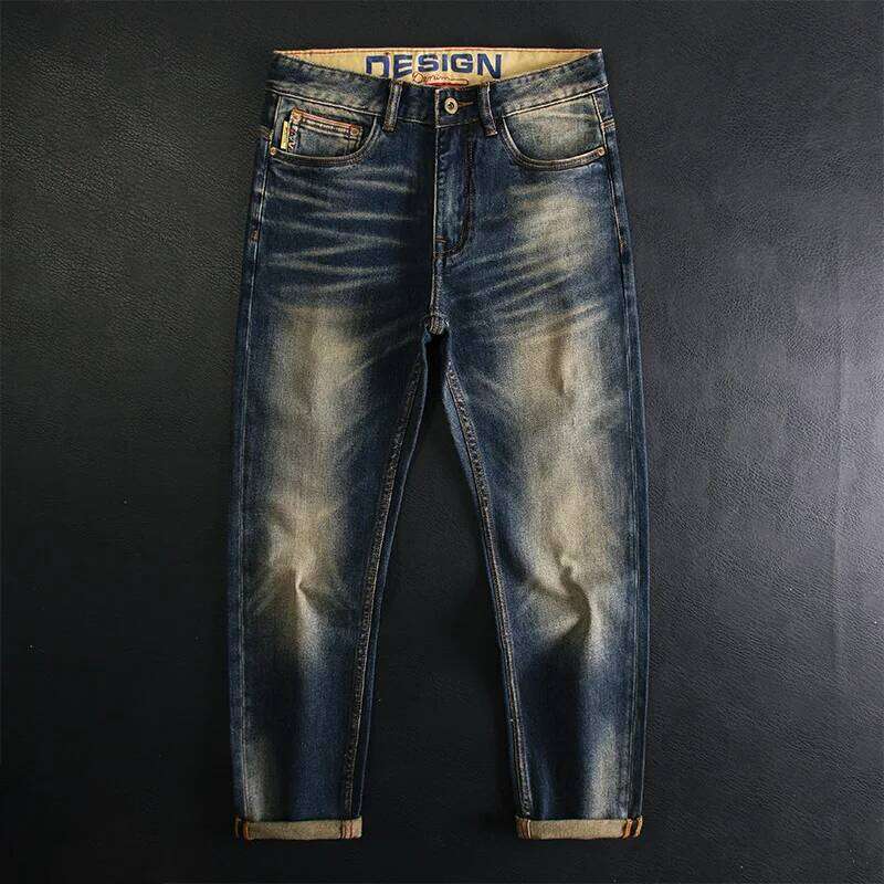 High end retro light jeans for men's casual, versatile, washed, elastic, slim fit, small straight leg, classic and trendy