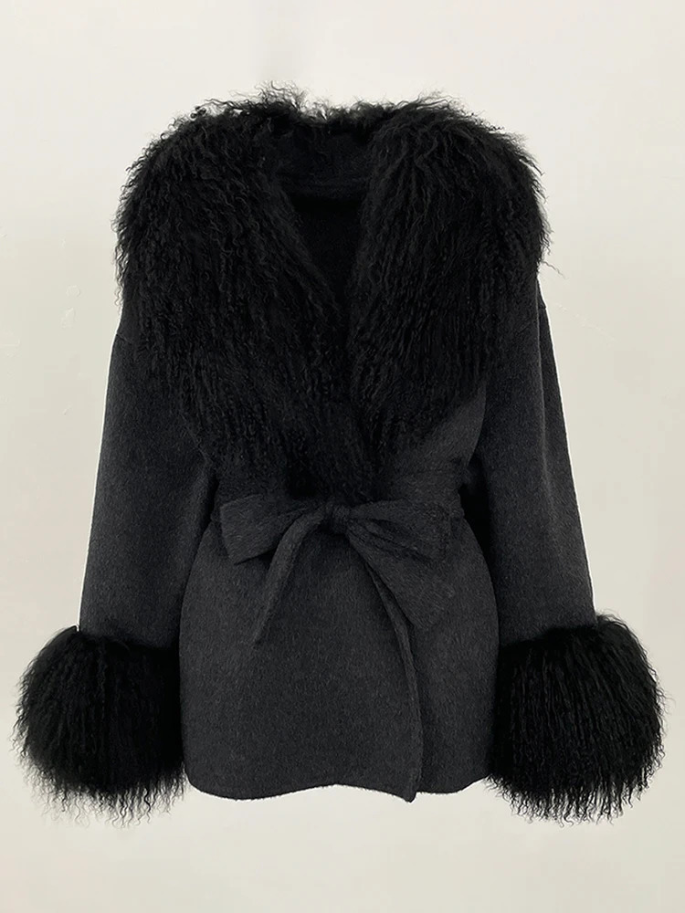 OFTBUY Winter Clothing Women Wool Clothes Lady Fashion Fur Cuffs Coat Natural Mongolia Sheep Fur Woolen Jacket Female 250811