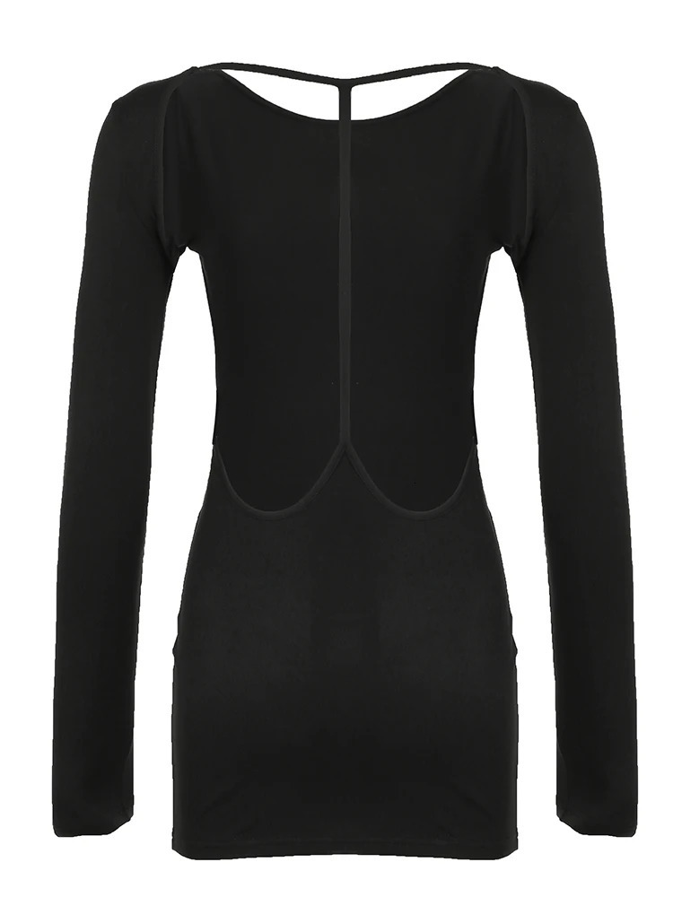 Backless Chic Fashion Skinny Sexy Long Sleeve Short Dress Women Rave Baddie Clubwear Black Solid Party Dresses 250808