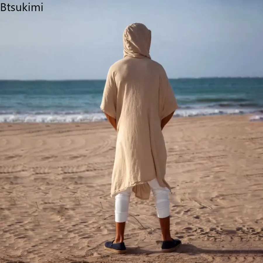 2025 Mens Summer Mid-length Cardigans Loose Casual Sun Protection Clothes Beach Holiday Style Shawl Coat Male Long Hooded Cape W250815