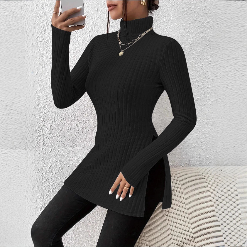 Women's Plus Size High Neck Pullover Sweater with Slit Slim Fit Base Shirt Ribbed Striped Mid-Length Top