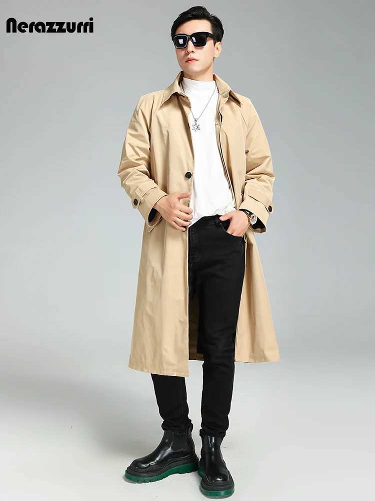 Nerazzurri Spring Autumn Long Khaki Coat Men Turn-down Collar Single Breasted Casual Loose Korean Fashion Clothes Overcoat W250815