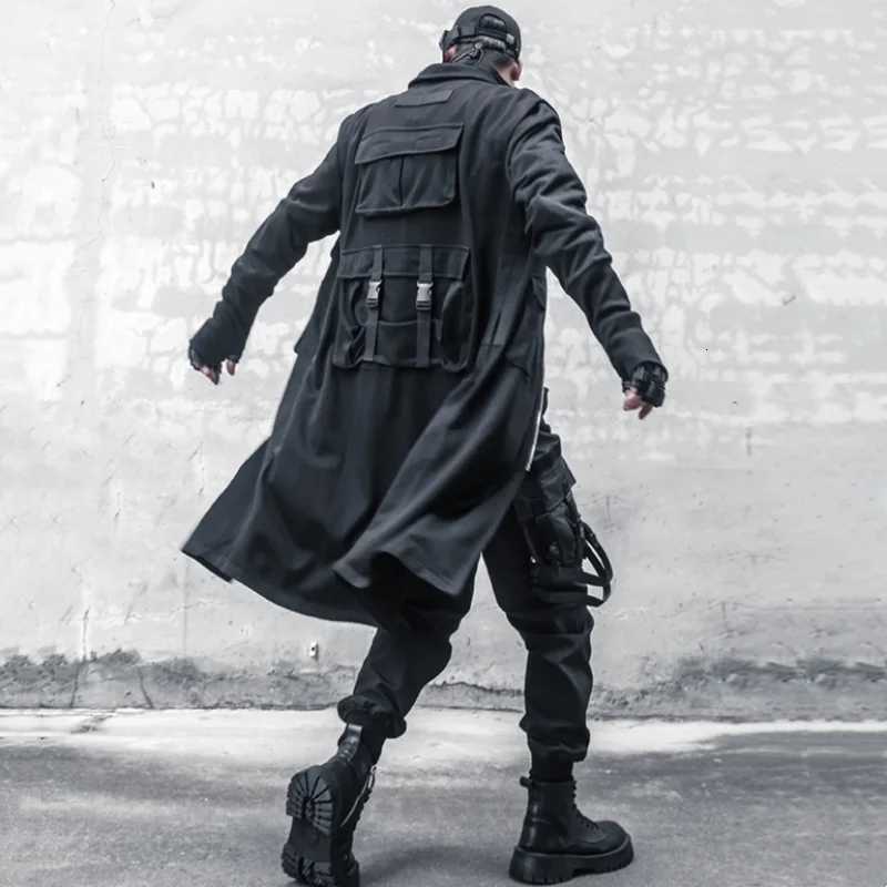 techwear style multi-pocket patchwork design mid-length trench coat mens clothing y2k high street tactical function jackets W250815