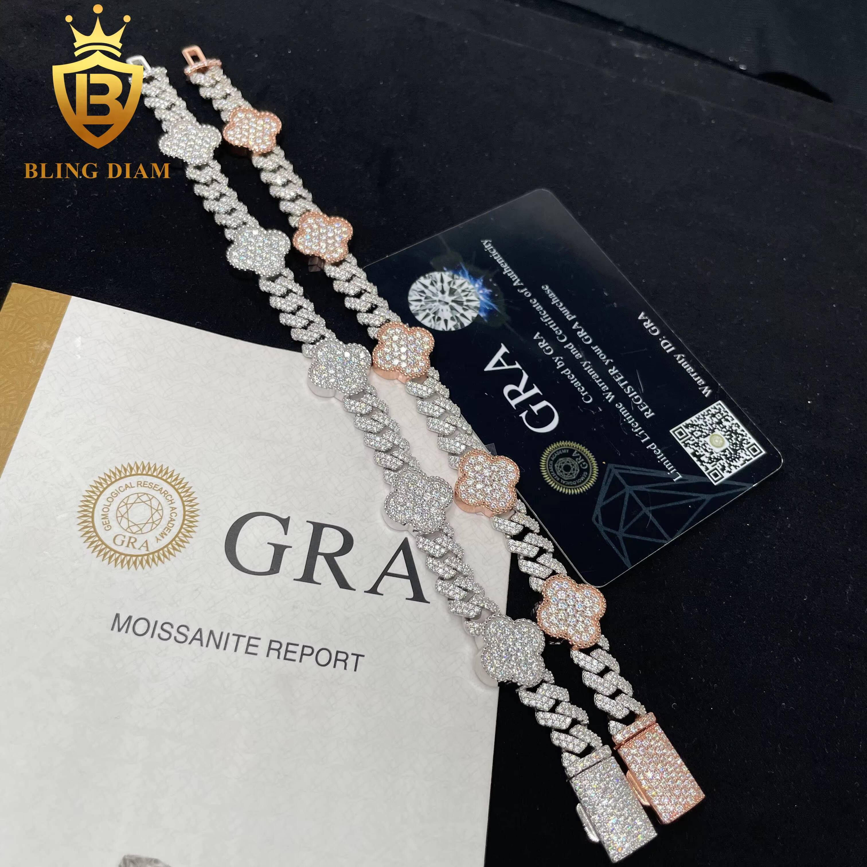 Hot Sale Hip Hop Moissanite 8mm Clover Cuban Bracelet Clover Shape Moissanite Cuban Bracelet Men Women