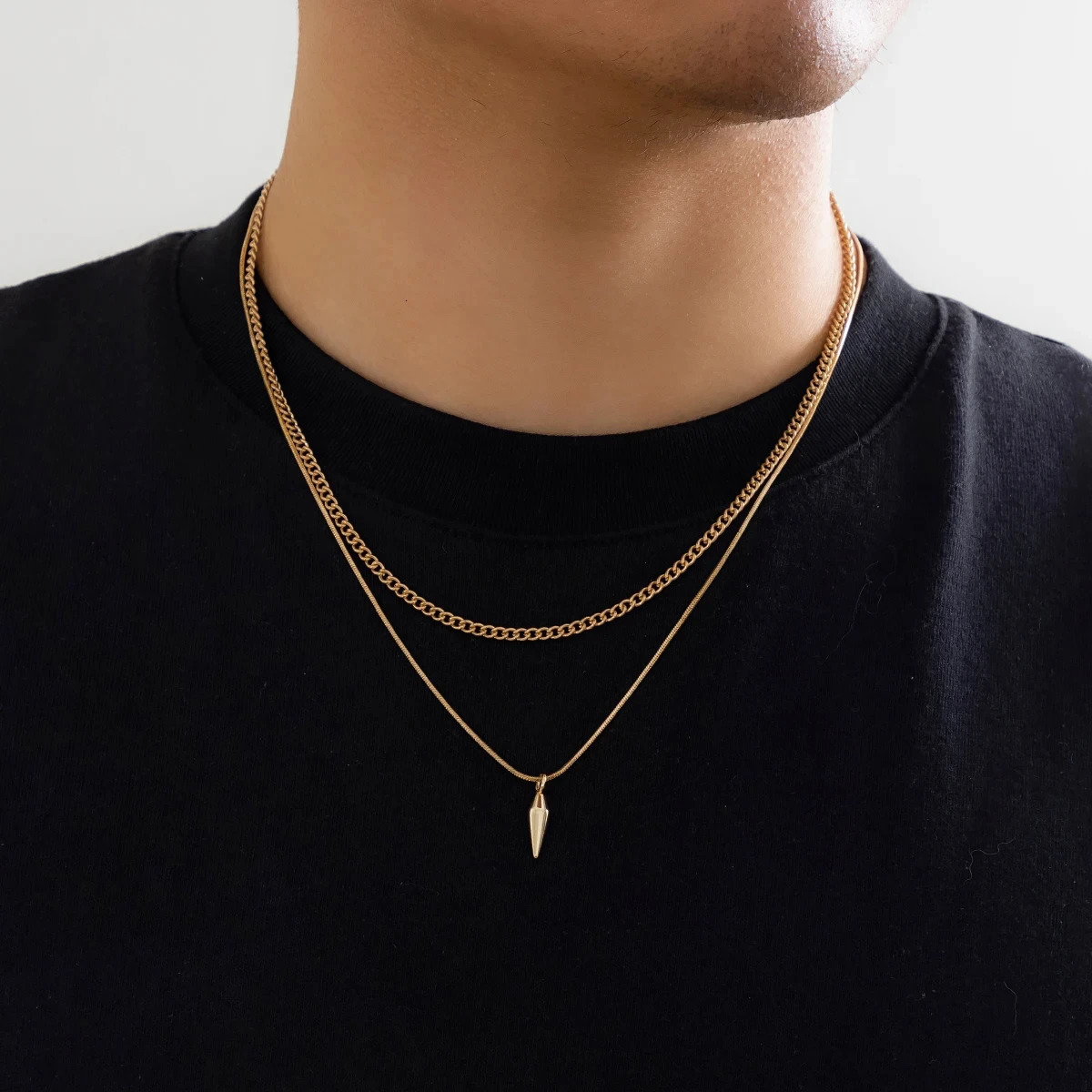 KunJoe 2pcs/set Stainless Steel Metal Rivet Pendant Thin Snake Chain Necklace for Men Punk Silver Color Cuban Link Chain Choker 250812