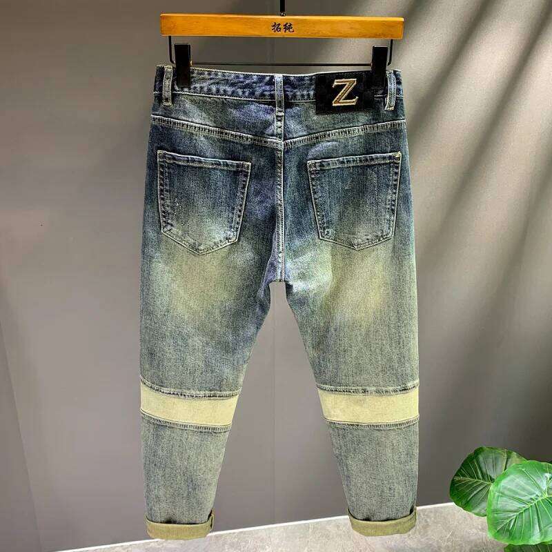 Spring and Autumn 2025 New Trendy Brand Splicing Patch Retro Jeans Men's Slim fit Small Feet Rascal Handsome Denim Pants