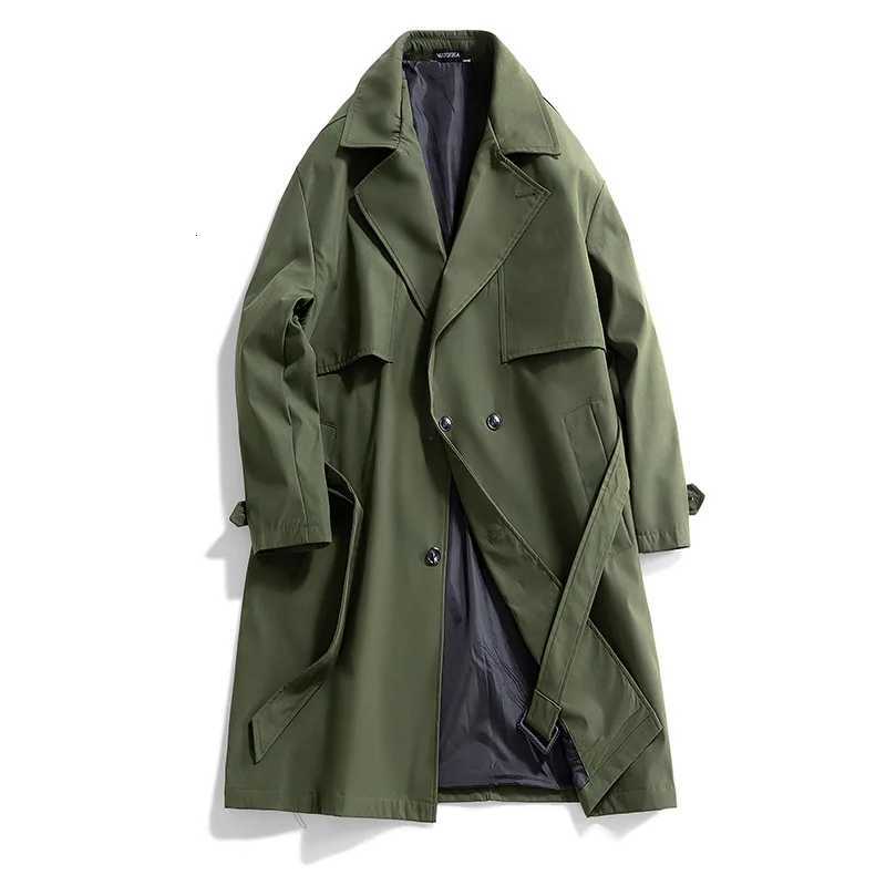 Mens Long Trench Coat Military Green Slim Fit Double Breasted Notched Lapel Jacket Windbreaker Spring Autumn Casual Outdoor Coat W250815