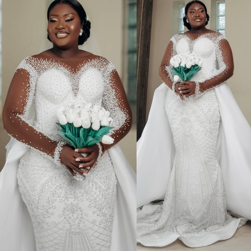 2025 Plus Size African Wedding Dress Bridal Gowns For Bride Mermaid Sheer Neck Detachable Train Lace Pearls Tiered Pleat Wedding Gowns For Black Women