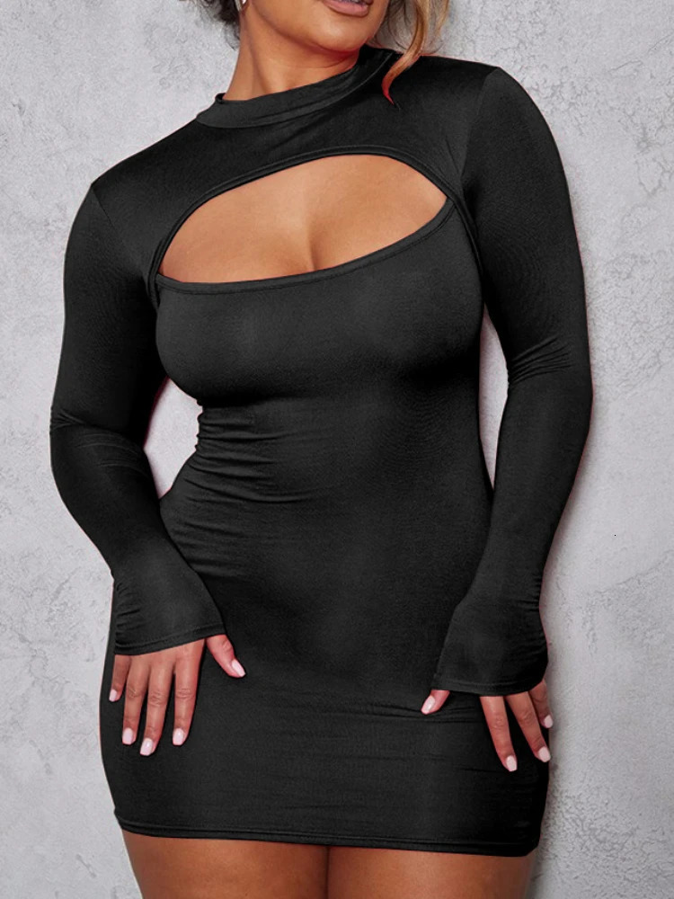 Sexy Wrap Chest Hollow Out Elastic Slim Bodycon Dress Women Long Sleeved Solid Color Skinny Dress Evening Club Party Vestidos 250808