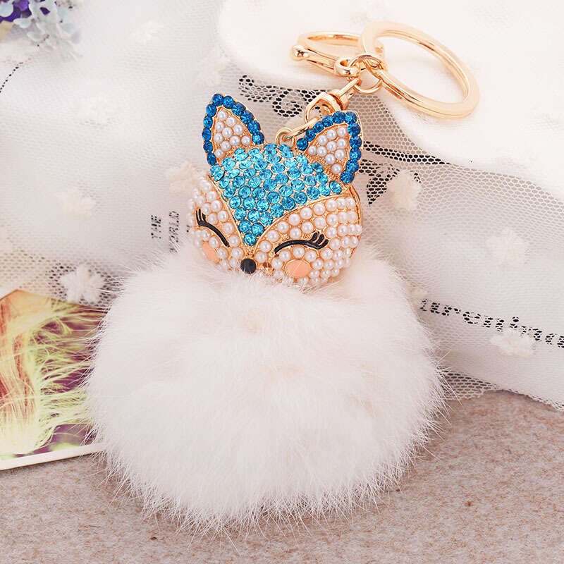 Korean Version Dia-Studded Fox Head Rabbit Fur Ball Alloy Keychain Fashion Bag Pendant Car Accessory Ornament