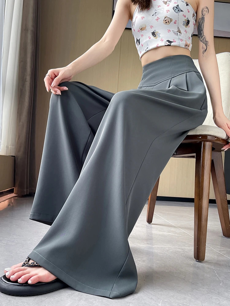 Summer High Waist Solid Color Loose Women Suit Pants Basic Full Length Straight Fashion Apricot Black Female Wide Leg 250808