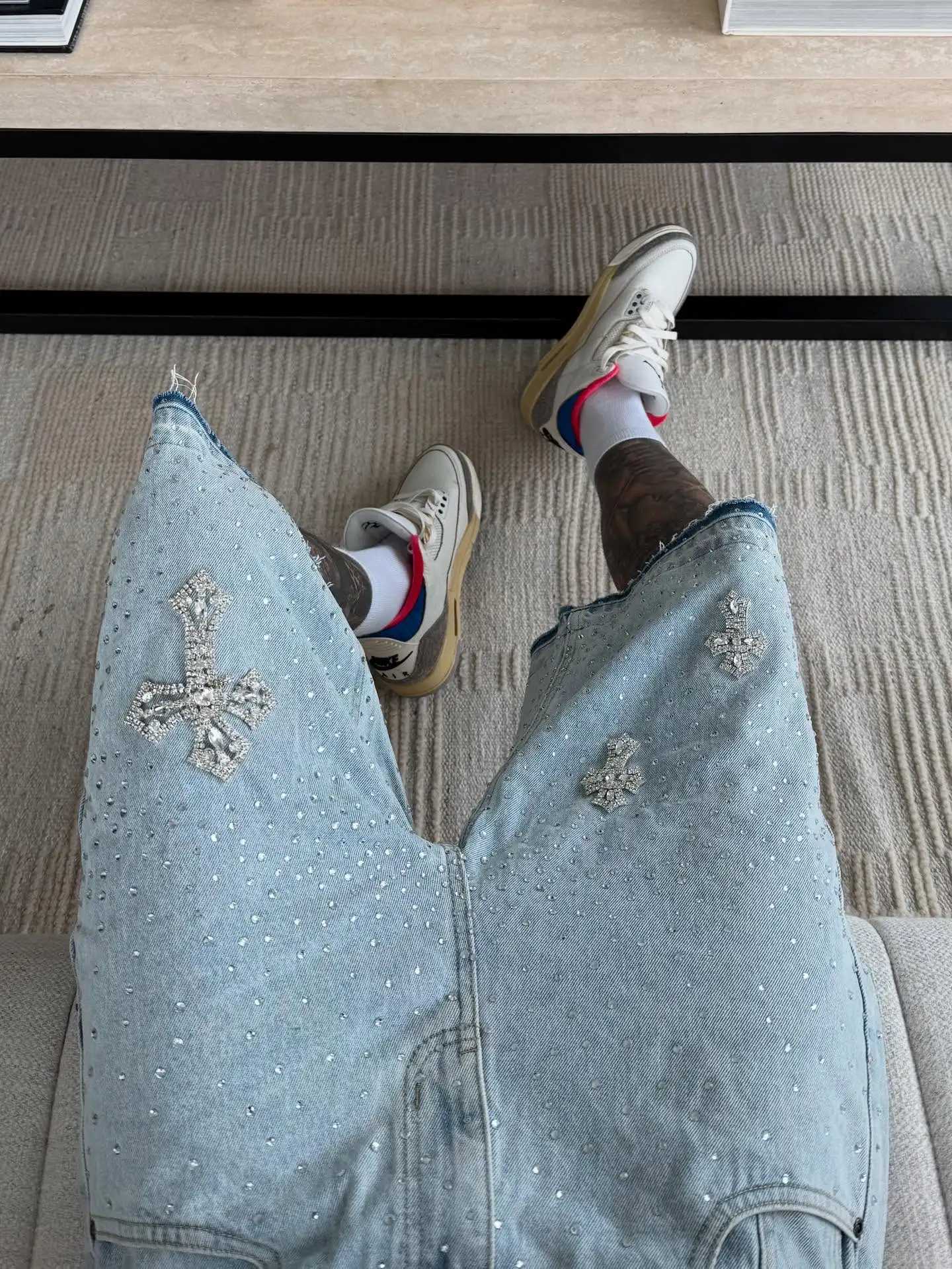 Gothic Rhinestone Cross Embroidery Viral Denim Jorts Y2K Vintage American Trend Gym Shorts Men Women Street Hip Hop Jean Short Y250814