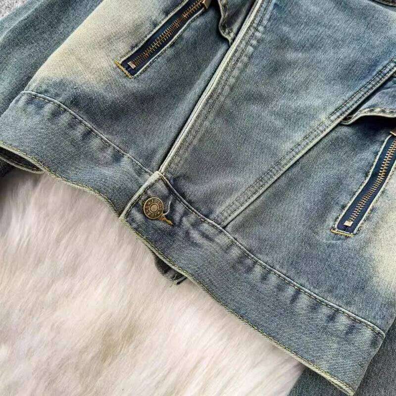 Women Denim Jacket 2025 New American Style Vintage Stand Collar Long Sleeve Button Zipper Splicing Light Blue Coat Female Trendy