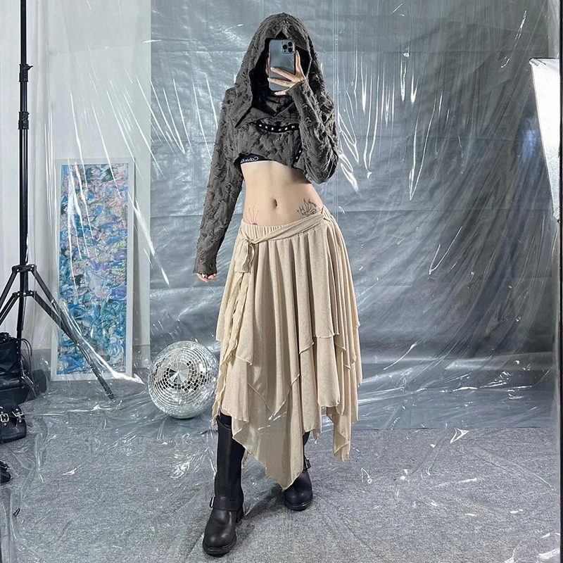 Post Apocalyptic Distressed Ripped Hoodie American Long Sleeve Jazz Sexy Cropped Top Harajuku Y2K Subculture Street Sweatshirt 250814