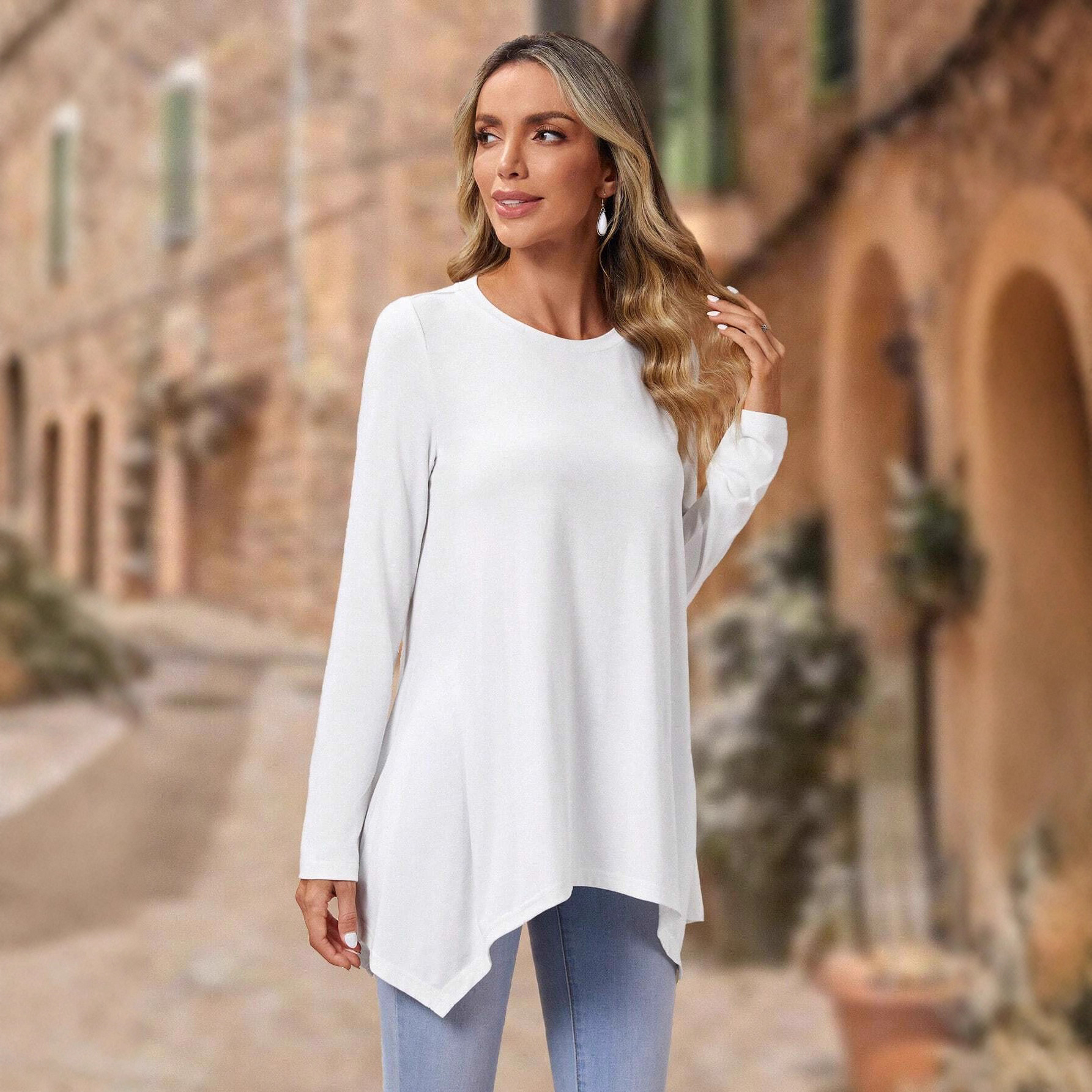 Solid Color Long Sleeve Irregular Fashion Round Neck Top Women's Clothing
