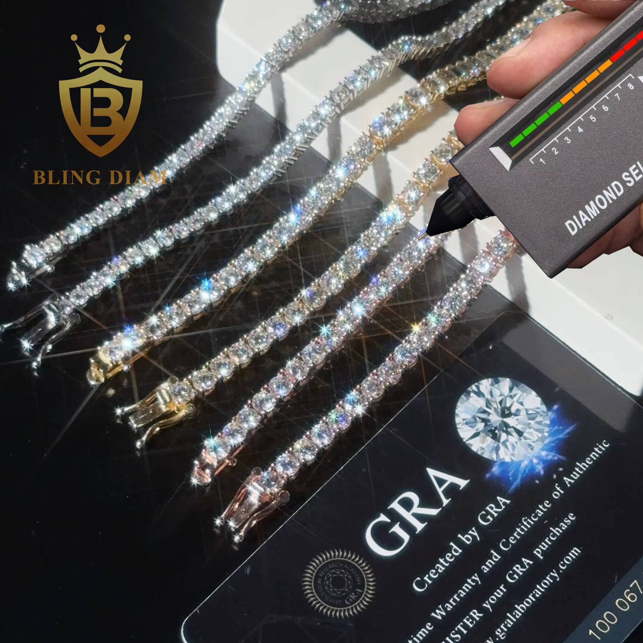 Ready Shipping 2mm 3mm 4mm Moissanite Tennis Chain 925 Sterling Silver Hip Hop Tennis Chain Necklace Rapper Jewelry