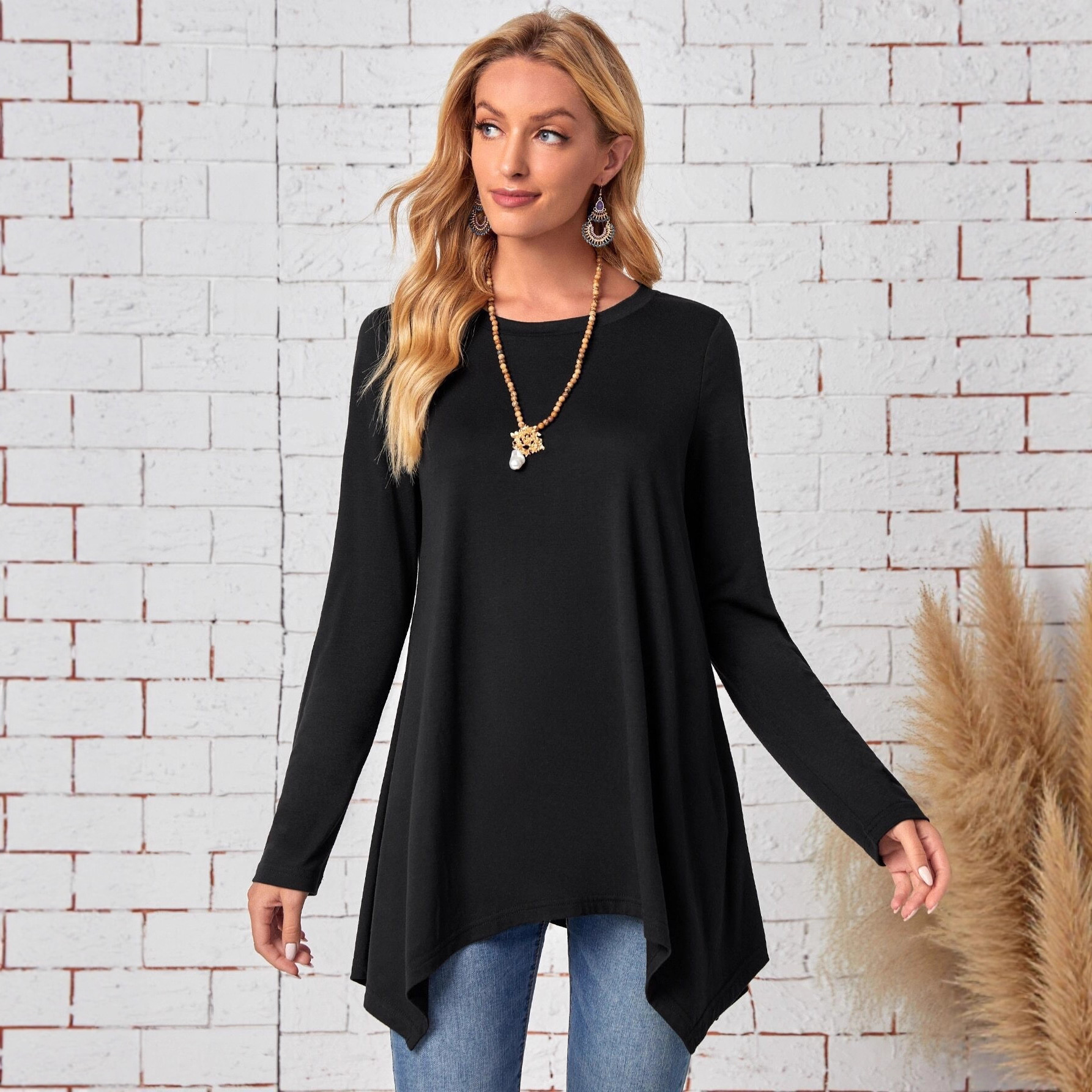 Solid Color Long Sleeve Irregular Fashion Round Neck Top Women's Clothing