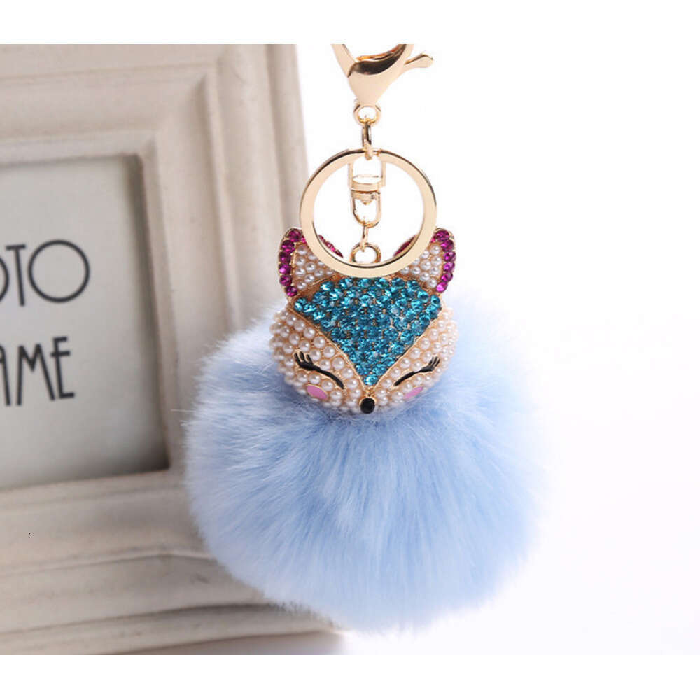 Creative Fox Head Pendant Keychain Extra Large Rabbit Fur Ball Plush Inlaid with Rhinestones for Phone and Bag