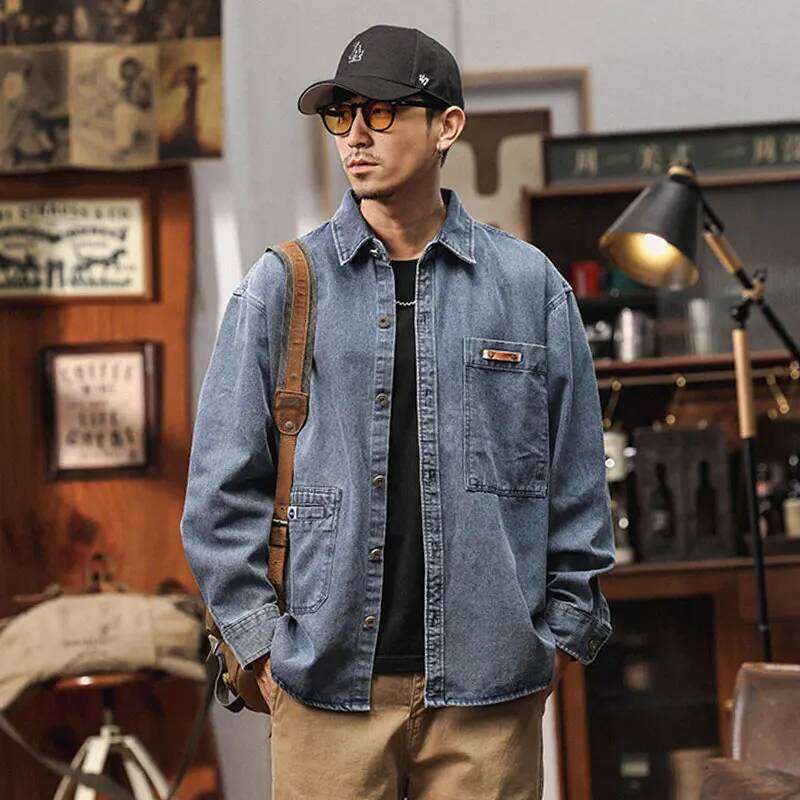 Designer Clothing 2025 American Vintage Cargo Denim Shirt Jacket For Men Streetwear Solid Color Heavyweight Multi-Pocket Workwear Coat Male Clothing