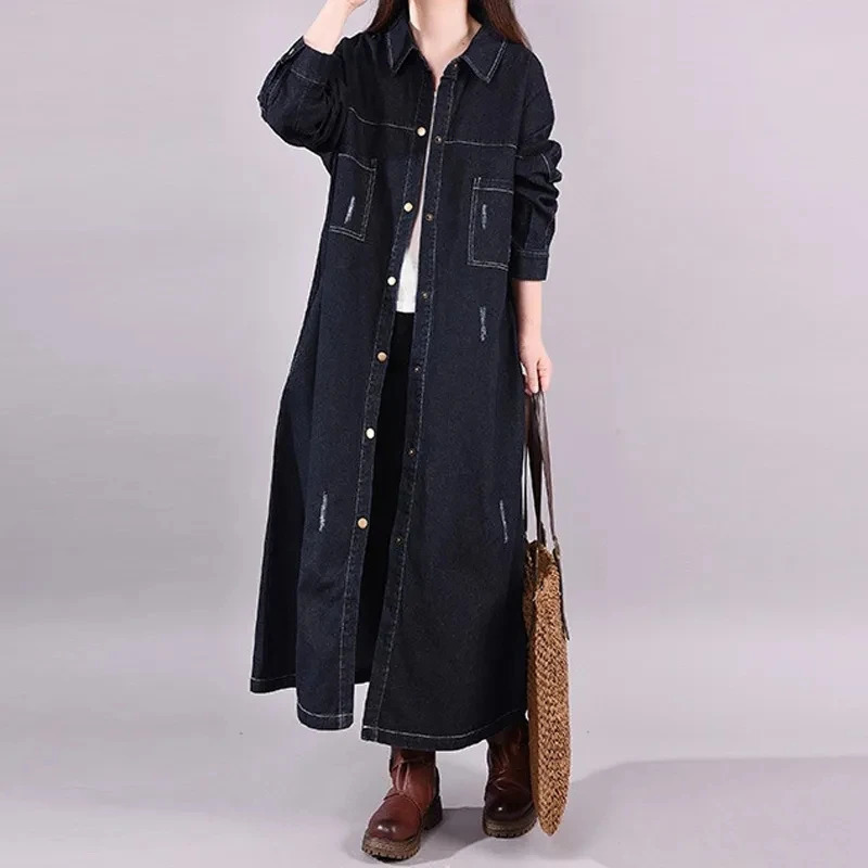 2025 Spring Autumn Womens Retro Long Denim Shirt Coat Streetwear Female Loose Casual Cardigan Windbreaker Overcoat 250805