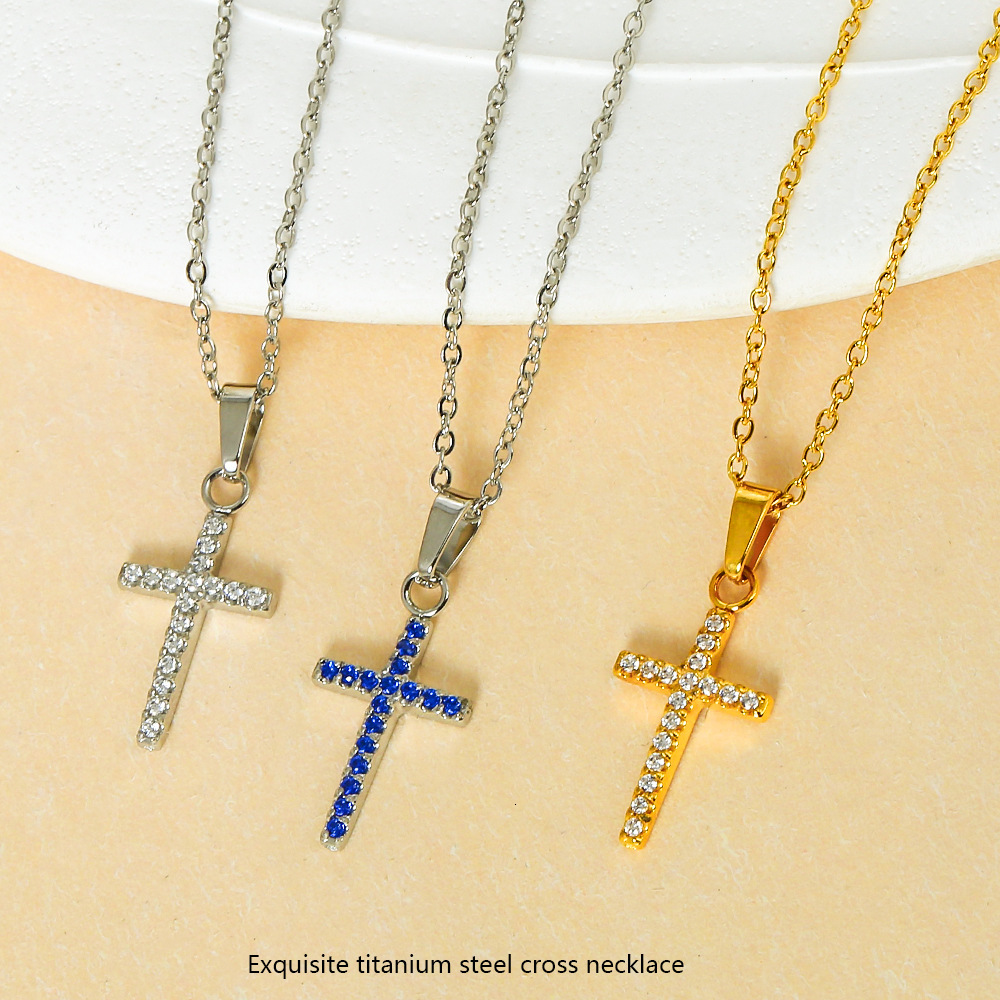 American Style Stainless Steel Gold Cross Zircon Necklace Non-Fading Women's Light Niche Accessories Jewelry for Women