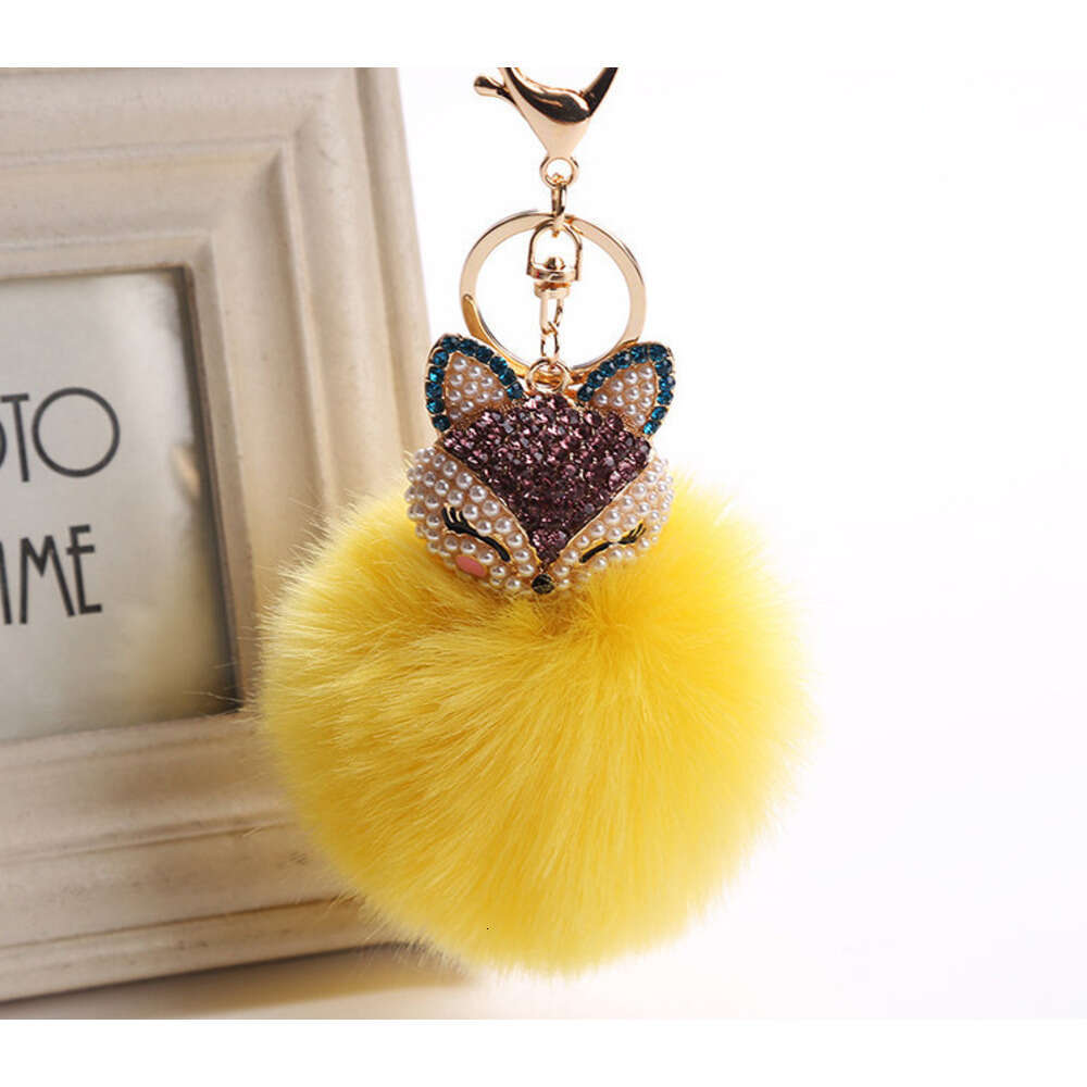 Creative Fox Head Pendant Keychain Extra Large Rabbit Fur Ball Plush Inlaid with Rhinestones for Phone and Bag