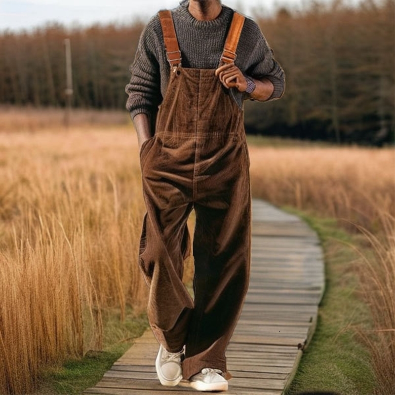 Stylish Mens Straight Pants Romper Overalls Vintage Pure Color Loose Corduroy Jumpsuits Men Summer Fashion Sleeveless Bodysuits 250729