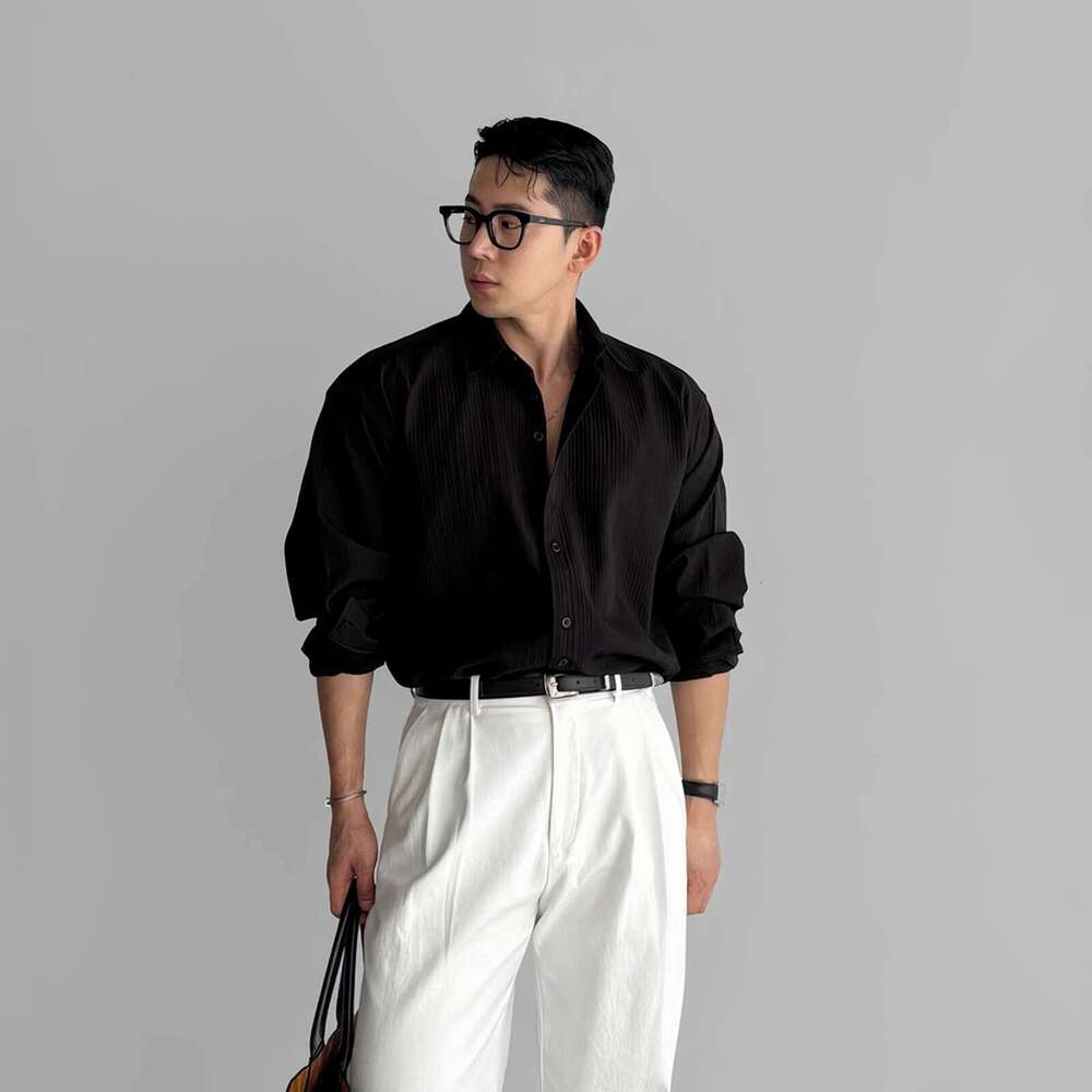 Black Long Sleeve For Men, High-End Vertical Striped Texture, Mature Style, Versatile, Wrinkle-Free, Casual Business Shirt B5