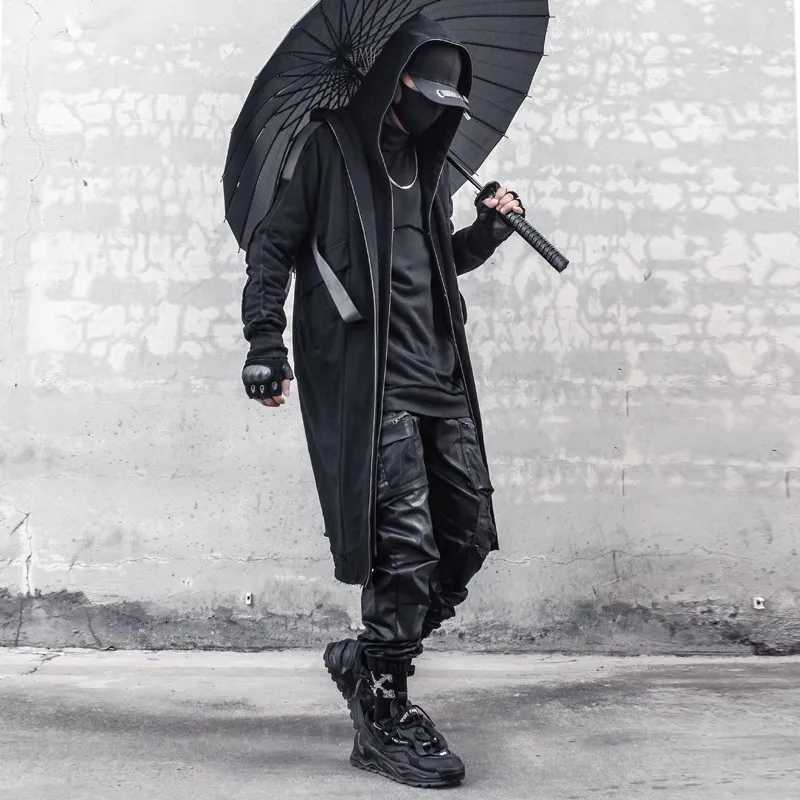 Men Fake Two Trench Jacket Windbreaker Men Gothic Punk Streetwear Long Jacket Coat Function Hoodie Black Clothes W250815