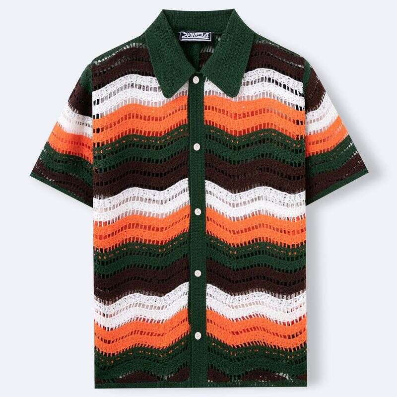 Men's Clothing Retro Striped Hollow Hook Polo Shirt Summer New Lapel Sweater