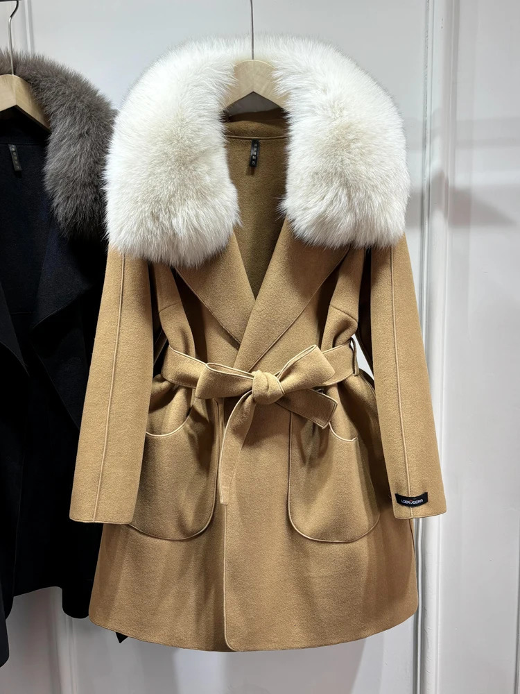Janveny Wool Coat Women Natural Fox Fur Collar Winter Jacket Clothes For Female Short Slim Woolen Trench Coats Outwear 250811