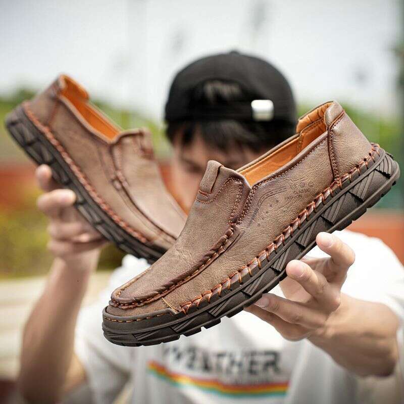Large Size Men's Casual Leather Cowhide Bean Shoes, Hand Sewn Loafers, And Shoe Covers